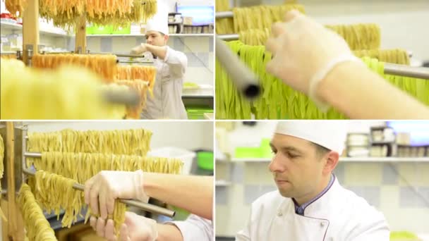 4k montage (compilatie) - chef-kok geeft droge deegwaren op stand - na de productie — Stockvideo