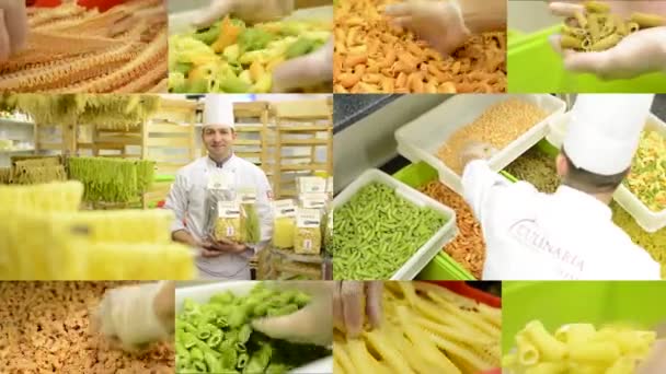 4k montage (compilatie) - gedroogde pasta in containers - chef-kok glimlacht naar camera met product — Stockvideo