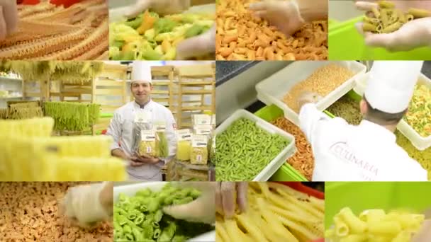 Montagem 4K (compilação) - massas secas em recipientes - chef sorri para a câmera com o produto — Vídeo de Stock