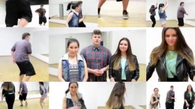 4 k montaj (derleme) - üç dansçılar dans - kamera için üç arkadaş (dansçılar) konuşma grubu - iki kadın ve bir adam - hall