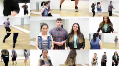 4 k montaj (derleme) - üç dansçılar dans - kamera için üç arkadaş (dansçılar) konuşma grubu - iki kadın ve bir adam - hall