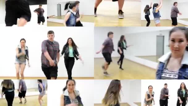 4k montage (Samlingsalbum) - tre dansare - grupp av tre vänner dans - två kvinnor och en man - hall - ung asiatisk kvinna ler till kamera — Stockvideo