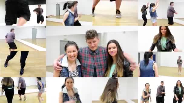 4k Montage (Zusammenstellung) - drei Tänzer - Gruppe von drei Freunden lächeln in die Kamera - zwei Frauen und ein Mann - Saal — Stockvideo