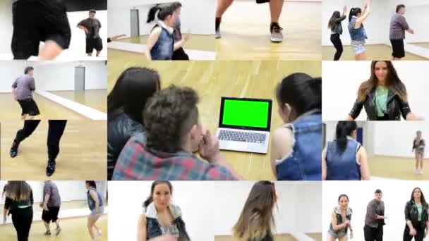 4K montage (compilation) - three dancers work on computer - green screen - group of three friends dance - two women and one man - hall — Stock Video