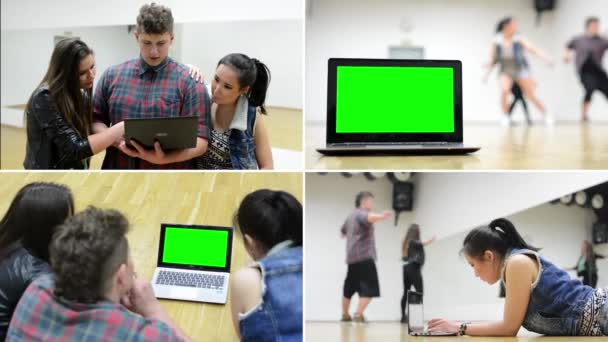 Montaje 4K (compilación) - tres bailarines trabajan en la computadora - pantalla verde - grupo de tres amigos bailan - dos mujeres y un hombre - sala — Vídeo de stock