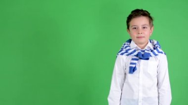 Genç yakışıklı çocuk çocuk gülümser - yeşil ekran - stüdyo