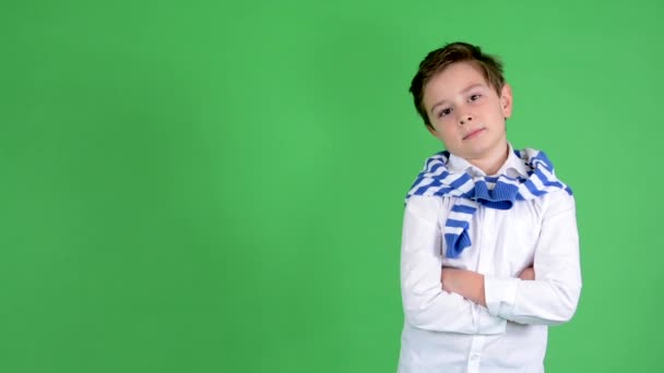 Jonge knappe kind jongen glimlacht naar camera (gevouwen arms) - groen scherm - studio — Stockvideo
