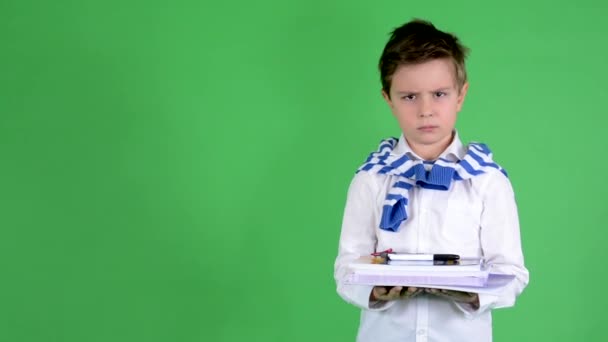 Kleiner hübscher Junge hält Schulbücher in der Hand und ist nicht einverstanden - Green Screen - Studio — Stockvideo