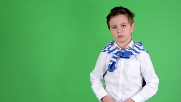 Mladý pohledný dítě chlapec mluví do kamery - fabion - studio — Stock video
