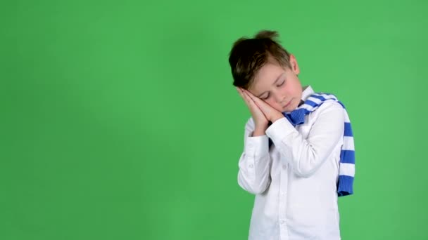 Young handsome child boy wakes up and is surprised  - green screen - studio — Stock Video