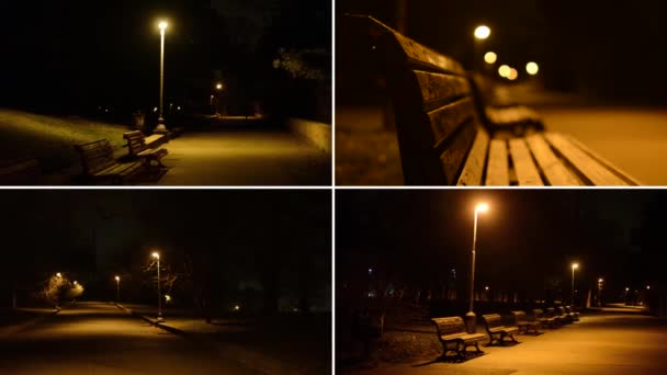 MONTAGEM 4K - parque noturno - bancos e lâmpadas — Vídeo de Stock