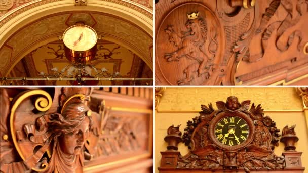 PRAGUE, RÉPUBLIQUE TCHÈQUE : AVRIL 2014 : Montage 4K (compilation) - Bâtiment historique (intérieur) - horloge - décoration en bois - lion — Video