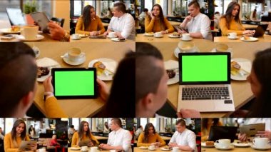 4k Montaj (10 Videolar) - teknoloji cihazları yeşil ekran - dizüstü bilgisayar ve tablet - kafede mutlu çift konuşmak ve cihazlar üzerinde çalışıyor