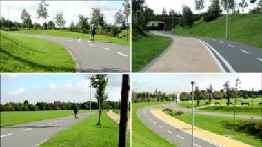 4k montaj (derleme) - insanlar spor yapmak ve parkta dinlenmek (şehirde) - yeşil doğa (çim ve ağaçlar) - kaldırım