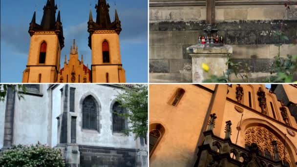 Praga, Czechy-20 września, 2014:4K Montage (kompilacja)-Kościół religijny i Jezus na krzyż-Krzyża-ściana z naturą (kwiaty) i świece — Wideo stockowe