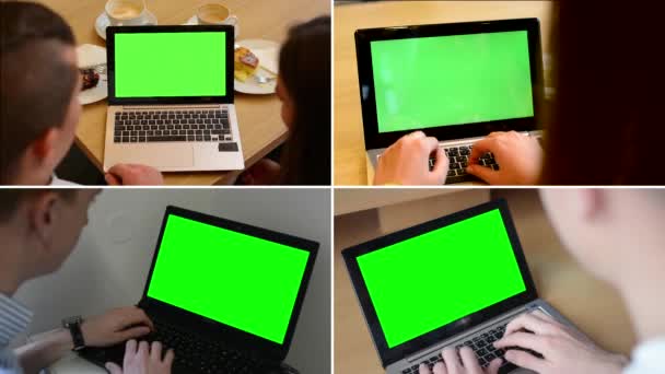 Μοντάζ (4 βίντεο)-πράσινη οθόνη φορητού υπολογιστή-άτομα που εργάζονται σε φορητό υπολογιστή (υπολογιστής) — Αρχείο Βίντεο