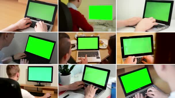 MONTAGGIO 4K (9 VIDEO) - notebook e schermo verde del computer - persone che lavorano su PC o notebook — Video Stock