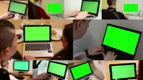 4k 몽타주 (10 동영상) - 노트북 및 컴퓨터 녹색 화면 - PC 또는 노트북에서 작업하는 사람들 — 비디오