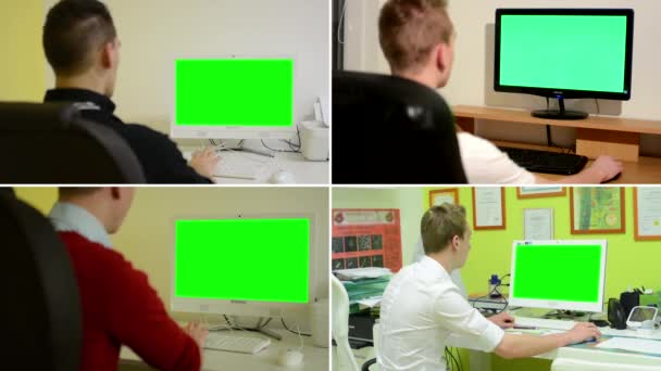 MONTAGGIO 4K (4 VIDEO) - schermo verde del computer scrivania - persone che lavorano sul computer — Video Stock