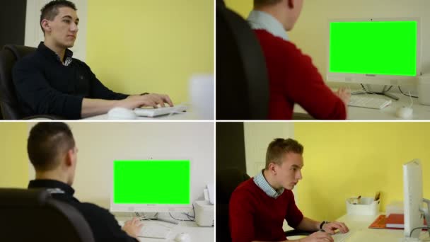 4k Montage (4 videos)-asztali számítógép zöld képernyő-dolgozók számítógép — Stock videók