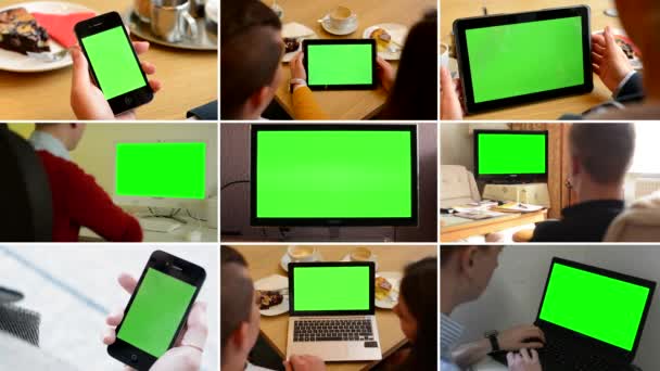 4k montage (9 videos)-technologie apparaten groen scherm-mensen die werken — Stockvideo