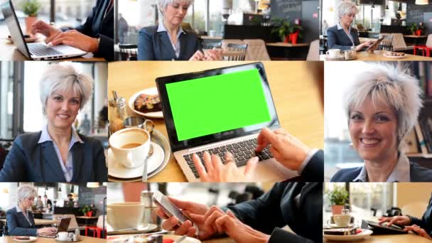 4K MONTAGE (9 VIDEO) - donna d'affari lavora sullo schermo verde del computer (notebook) nel caffè - donna sorridente — Video Stock
