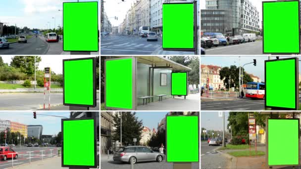 REPÚBLICA CHECA, PRAGA - 25 DE SEPTIEMBRE DE 2014: Montaje 4K (compilación) - cartelera - pantalla verde - calle urbana con coches de paso, transporte público y personas - caminantes - edificios — Vídeo de stock