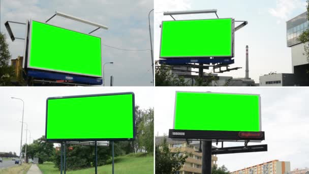 Montaggio 4K (compilation) - cartellone pubblicitario in città vicino alla strada - schermo verde - edifici sullo sfondo — Video Stock