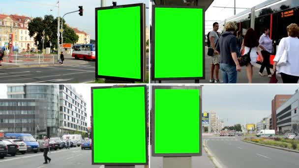 プラハ、チェコ共和国 - 8月 10, 2014: 4kモンタージュ (コンパイル) - 看板 - 緑の画面 - 通り過ぎる車や建物と都市通り - 人々とトラムの停留所 — ストック動画