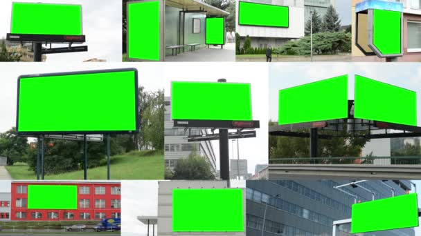 4k montage (compilatie)-diverse billboards in de stad-groen scherm-gebouwen met de natuur — Stockvideo