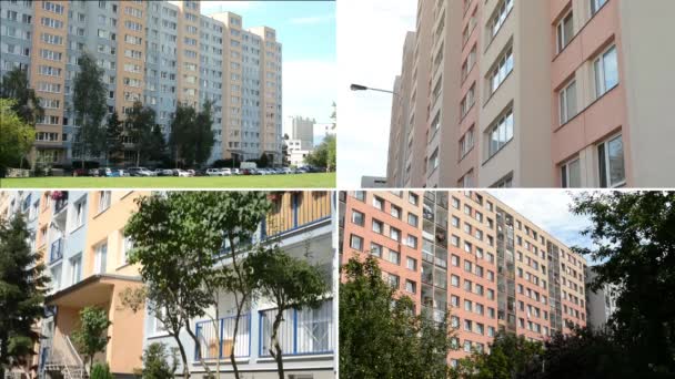 Montagem 4K (compilação) - propriedade imobiliária (bloco de apartamentos de arranha-céus) com natureza e parque de estacionamento - pessoas — Vídeo de Stock