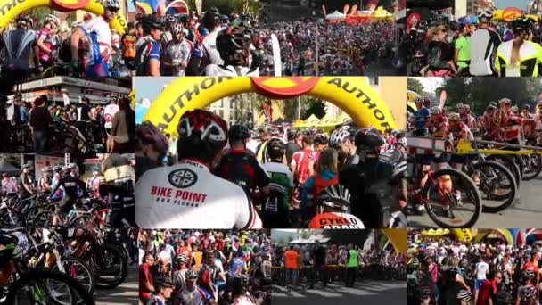 REPÚBLICA CHECA, PRAGUE - AUTOR Praga 50 - OUTUBRO 4, 2014: montagem 4K (compilação) - corrida de ciclismo - espera do ciclista — Vídeo de Stock