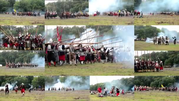 PRAGA, REPÚBLICA CHECA, MUESTRA: BATALLA DE MONTAÑA BLANCA - 20 DE SEPTIEMBRE DE 2014: Montaje 4K (compilación) - soldados luchan entre sí - militares - campo de batalla (fuerzas del ejército) - campo de batalla - batalla — Vídeo de stock