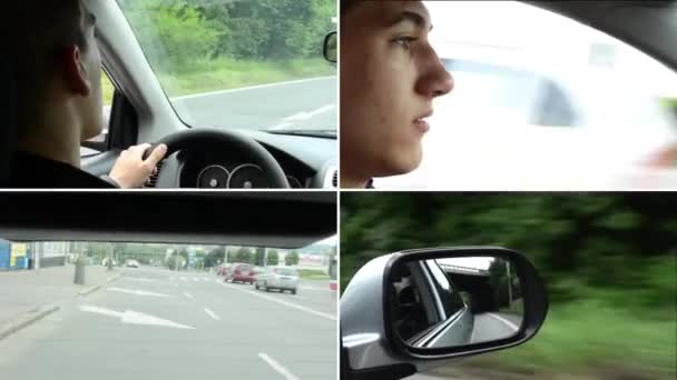 Montaje 4K (compilación) - Un hombre conduce un coche - calle urbana en el fondo - paseo en el coche - reflejo en el espejo retrovisor — Vídeos de Stock