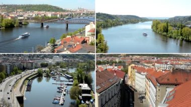 4k montaj (derleme) - Prag panoraması ve Vltava nehri ve köprüleri ile şehir(sokak)