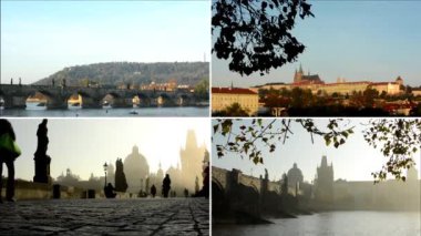 4 k montaj (derleme) - ünlü yer Sundown, Çek Cumhuriyeti - Charles Köprüsü ve Prag Kalesi'ne (Hradcany) - doğa - gündoğumu