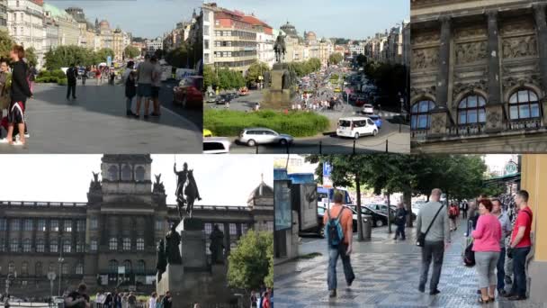 Prag, Tjeckien-29 augusti 2014:4K montage (sammanställning)-Wenceslas kvadrat med människor och passerande bilar-byggnader och natur (träd)-människor som går — Stockvideo