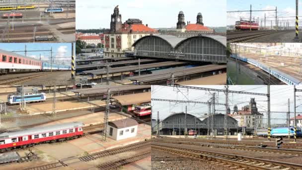 PRAGA, REPÚBLICA CHECA - 14 DE AGOSTO DE 2014: Montaje 4K (compilación) - estación principal de tren exterior - trenes de paso - ciudad — Vídeo de stock
