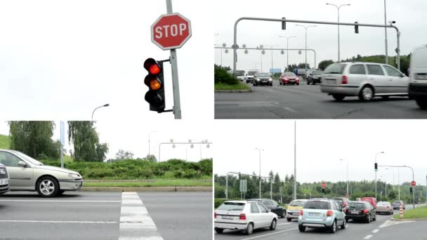 Praag, Tsjechische Republiek-augustus 2014:4k montage (compilatie)-weg met auto's-kruising (Junction)-verkeerslichten — Stockvideo