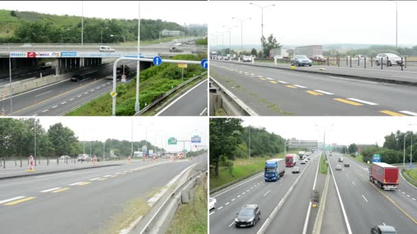 Praga, Czechy-Sierpień 2014: montaż 4K (kompilacja)-Autostrada z samochodami i naturą-roboty drogowe — Wideo stockowe