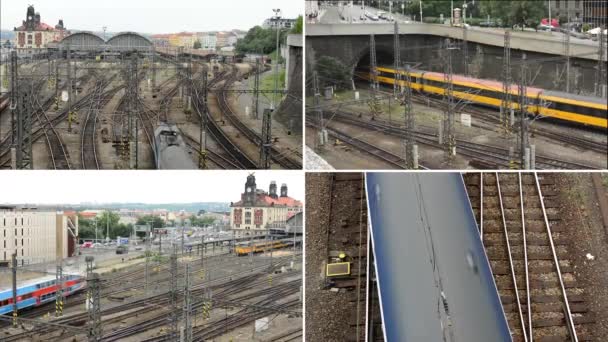 Prag, Tjeckien-14 augusti 2014:4K montage (sammanställning)-tåget avgår till och anländer från Main Railway Station-City (byggnader) och bilar i bakgrunden-järnvägen — Stockvideo