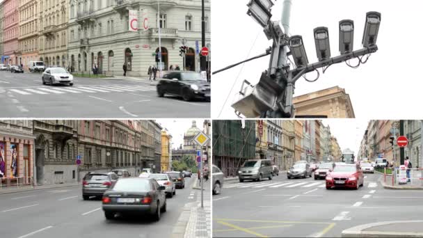 Praag, Tsjechische Republiek-14 augustus 2014:4k montage (compilatie)-Urban Street met passerende auto's en mensen wandelen-gebouwen in de stad op de achtergrond-beveiligingscamera's — Stockvideo