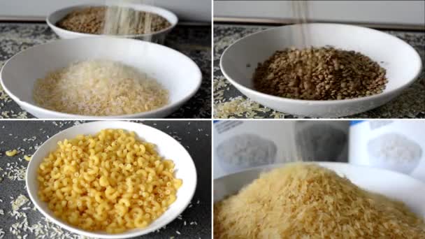 Montaje 4K (compilación) - verter arroz blanco en el plato - verter lentejas en el plato - pasta - verter macarrones en el plato - unidades de cocina — Vídeo de stock