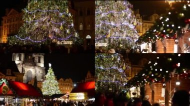 4k montaj (4 video) - Noel pazarları ile parlayan insanlar - ağaç - insanlar eski şehir Meydanı - Prag, Çek Cumhuriyeti - Aralık 2013