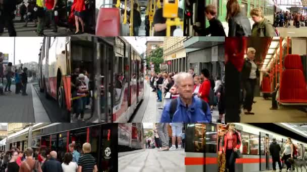 PRAGA, REPÚBLICA CHECA - AGOSTO 2014: montaje 4K (compilación) - montaje (compilación) - viajeros que viajan al trabajo - tren, metro, autobús, tranvía - calle urbana en la ciudad — Vídeo de stock