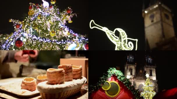 4k Werbemontage (4 Videos) - Weihnachtsmärkte - Details - leuchtender Baum - Kuchen und Dekorationen - Prag, Tschechische Republik - Dezember 2013 — Stockvideo