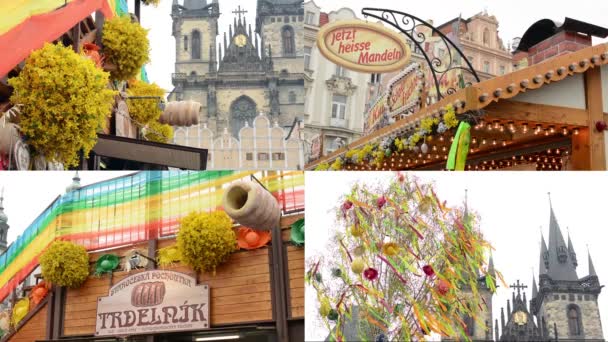 Prag, Tschechische Republik: April 2014: 4k Montage (Zusammenstellung) - Ostermärkte - Dekoration des Osterladens mit Kirche und Osterbaum — Stockvideo