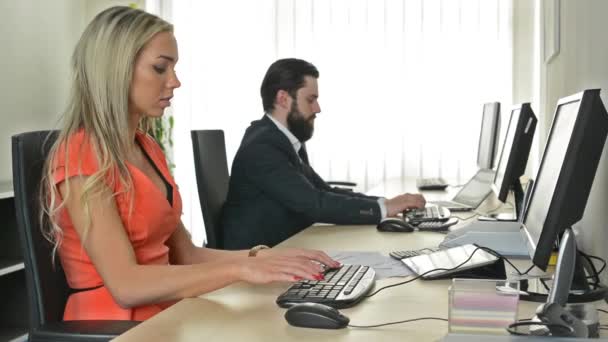 Uomo e donna che lavorano al computer in ufficio (lavoratori ) — Video Stock