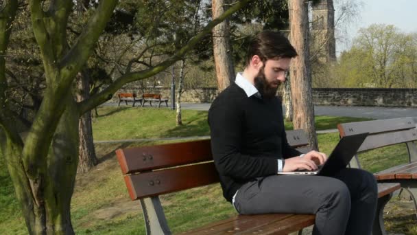 Homem bonito novo com full-beard (hipster) trabalha no caderno no parque — Vídeo de Stock