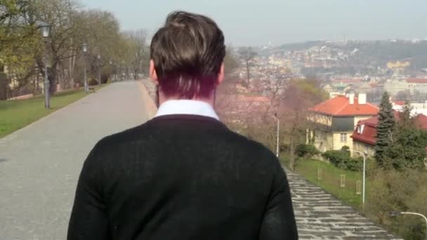 Joven hombre guapo con barba llena (hipster) caminando e invita (gesto - manos) - ciudad en el fondo — Vídeos de Stock